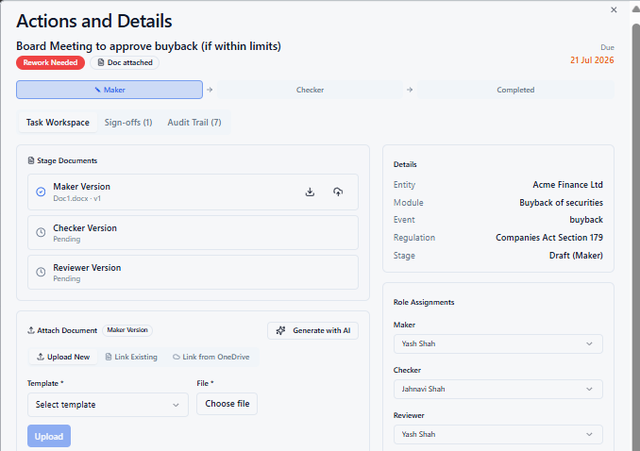 Insibly task workspace showing Maker, Checker and Reviewer role assignments, stage documents and approval status
